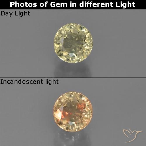0.6ct Round Facet Yellow Color-change Diaspore from Turkey, Dimension 4.9mm, Natural untreated Gemstone, VS Clarity, 1 piece Color-change Diaspore in Light Yellow Color, Mohs Hardness of 6.5 - 7 suitable for daily wear jewelry, Photo A