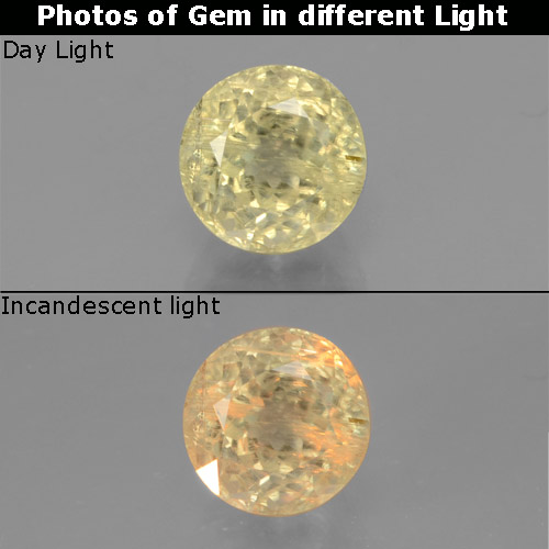 1.29 ct Yellow Color-Change Diaspore Gemstone, Color-Change Diaspore Gem in Round Facet Shape for Sale.