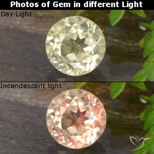 5.5mm Round Facet Yellow Color-change Diaspore from Turkey, Weight of 0.76ct, Natural untreated Gemstone in VS Clarity, 1pc Color-change Diaspore - Color: Very Light Yellow, Mohs Hardness of 6.5 - 7 suitable for daily wear jewelry, Photo A