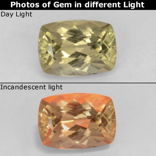 0.89 ct Yellow Color-Change Diaspore Gemstone, Color-Change Diaspore Gem in Cushion-Cut Shape for Sale.