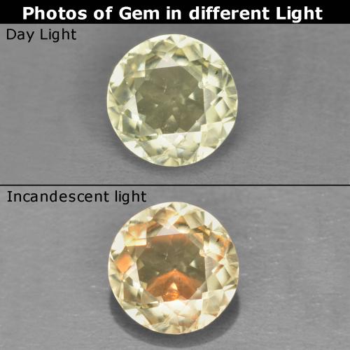 5.1mm Round Facet Yellow Color-change Diaspore from Turkey, Weight of 0.56ct, Natural untreated Gemstone in VS Clarity, 1pc Color-change Diaspore - Color: Light Yellow, Mohs Hardness of 6.5 - 7 suitable for daily wear jewelry, Photo A