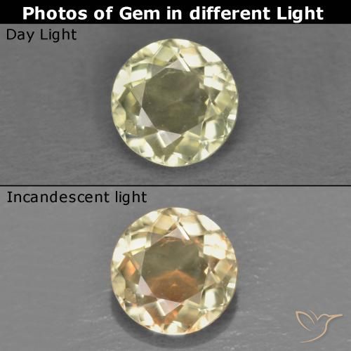 0.51ct Round Facet Yellow Color-change Diaspore from Turkey, Dimension 5.1mm, Natural untreated Gemstone, VS-SI Clarity, 1 piece Color-change Diaspore in Light Yellow Color, Mohs Hardness of 6.5 - 7 suitable for daily wear jewelry, Photo A