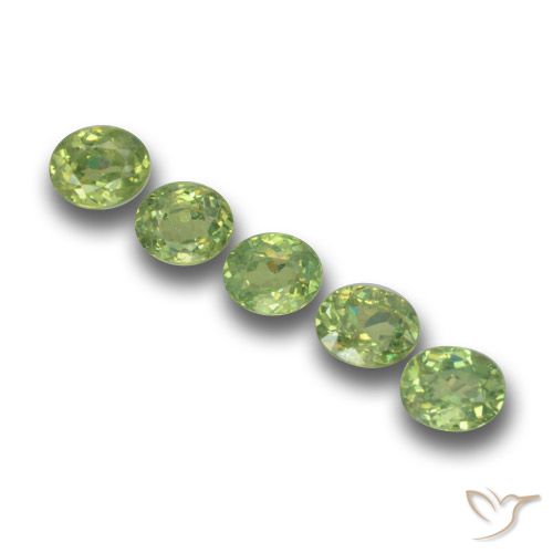 5-teiliges Set ovaler grüner Demantoid-Granat aus Namibia - Gewicht 1,61 ct gesamt / Durchschn. je 0,32ct, Größe 4,4 x 3,6mm, Farbe: Gelb-grün, Mohs-Härte 7 - 7,5 Geeignet für den täglichen Gebrauch im Schmuck, Photo A