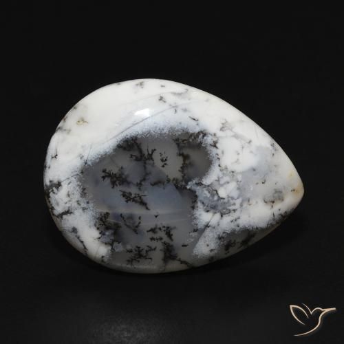 7.52 ct White Dendritic Agate Stone, Natural Dendritic Agate in Pear Cabochon Shape for Sale