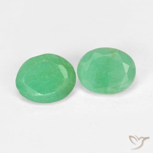 2pc Matching Oval Green Emeralds in Size 5.2 x 4.2mm, Weight 0.74ct total / avg. 0.37ct each, Medium Green in VS-SI Clarity, Natural Gemstone, Mohs Hardness 7.5 - 8 suitable for daily wear jewelry, Stone of Successful Love, Photo A