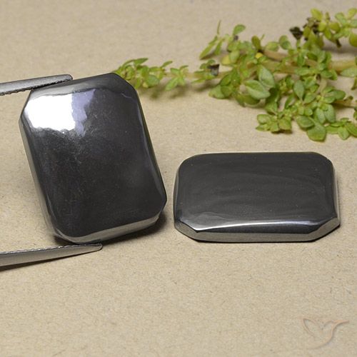 Matching Pair of 19.5 x 14.9mm Octagon Cabochon Gray Hematite, Weight of 37.51ct total / avg. 18.76ct each, Matching Hematite Pair in Opaque Clarity in Dark Gray Color, Natural untreated gemstone, Mohs Hardness 5.5 - 6.5, Photo A