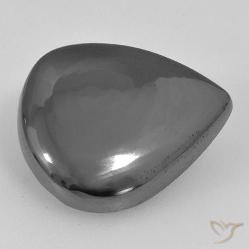 18,9 x 16,1mm grauer Hämatit im Birnen-Cabochon Schliff aus Brasilien, Gewicht 16,86 ct, Garantiert echter Edelstein in Opaque Reinheit, 1 Stück Hämatit - die Farbe ist Silbergrau, Mohs-Härte von 5,5 - 6,5, Photo A