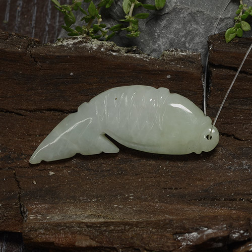 28.60 ct Green Jadeite Gemstone, Jadeite Gem in Carved Fish with Hole Shape for Sale.