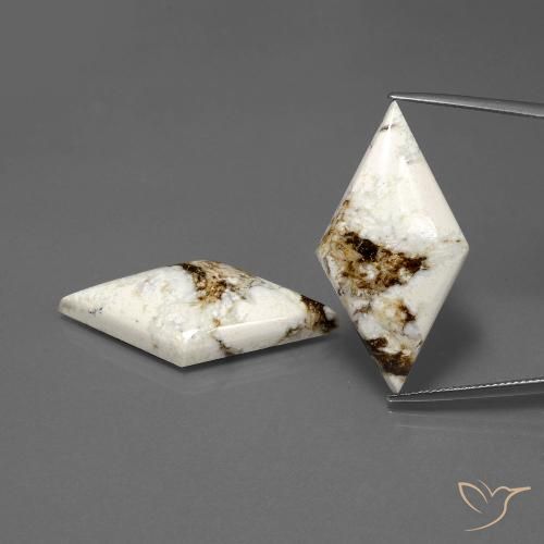 Matching Pair of 35.2x18.5 mm Rhomb Cabochon White Jasper, Weight of 37.52ct total / avg. 18.76ct each, Matching Jasper Pair in Opaque Clarity in Multicolor White Color, Natural untreated gemstone, Mohs Hardness 6.5 - 7 suitable for daily wear jewelry, Photo A