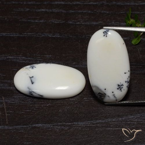 Matching Pair of 24 x 13.3mm Oval Cabochon White Jasper, Weight of 18.19ct total / avg. 9.1ct each, Matching Jasper Pair in Opaque Clarity in White With Black Color, Natural untreated gemstone, Mohs Hardness 6.5 - 7 suitable for daily wear jewelry, Photo A