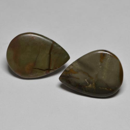 Matching Pair of 16.2 x 11.9mm Pear Cabochon Multicolor Jasper, Weight of 9.25ct total / avg. 4.63ct each, Matching Jasper Pair in Opaque Clarity in Multicolor Color, Natural untreated gemstone, Mohs Hardness 6.5 - 7 suitable for daily wear jewelry, Photo A
