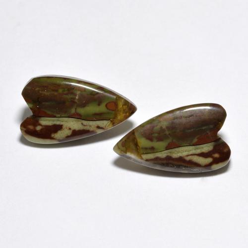 2 pezzi Diaspro multicolore Cuore abbinato di dimensioni 14,8 x 8,8mm, peso 7,4 ct totali / media. 3,7 ct ciascuno, giallo in purezza Opaque, gemma naturale non trattati, durezza Mohs 6,5 - 7 adatto per gioielli da indossare ogni giorno , Photo A