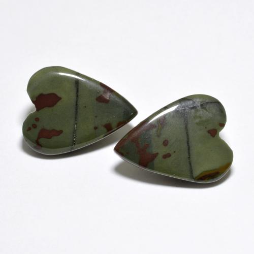 15.2 x 11.6mm Matching Heart Jasper Pair - Weight 9.98ct total / avg. 4.99ct each, Multicolor Color in Opaque Clarity, Natural untreated Gemstone, Mohs Hardness 6.5 - 7 suitable for daily wear jewelry, Photo A