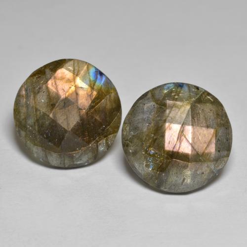 14,2mm Rund Labradorit-Paar - Gewicht 14,33 ct gesamt / durchschnittl. 7,17 ct, Garantiert natürliche Edelsteine, Mehrfarbig Farbe in Translucent Reinheit, Mohs-Härte 6 - 6,5, Photo A
