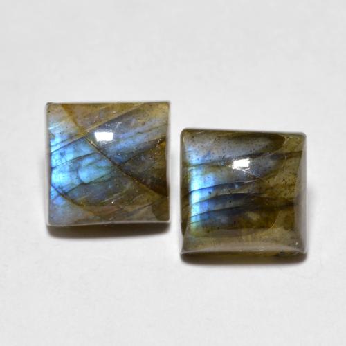 7,2 x 7,1mm Paar quadratischer Labradorit - Gewicht 4,29 ct gesamt / durchschn. 2,15 ct, Mehrfarbig Farbe in Translucent Reinheit, natürlicher Edelstein, Mohs-Härte 6 - 6,5, Photo A