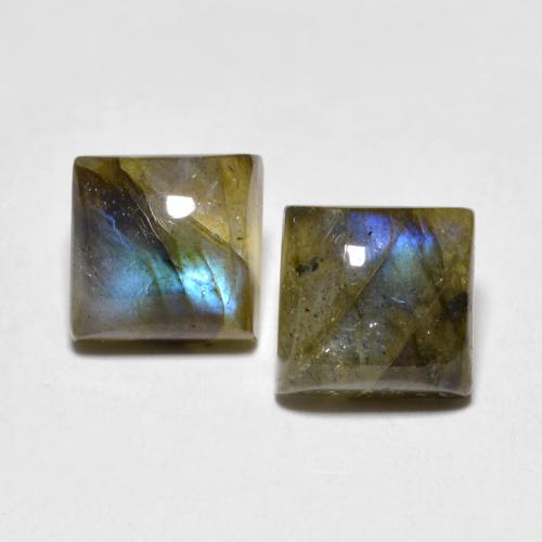 Coppia Labradorite Taglio carré o quadrato abbinata 7,3 x 7,1mm - Peso 4,45 ct totali / media. 2,23 ct ciascuno, pietra preziosa naturale non trattati, colore Multicolore in purezza Translucent, durezza Mohs 6 - 6,5, Photo A