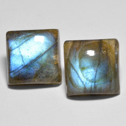 Matching Pair of 10.2 x 10.1mm Square Cabochon Multicolor Labradorite, Weight of 9.85ct total / avg. 4.93ct each, Matching Labradorite Pair in Translucent Clarity in Multicolor Color, Natural untreated gemstone, Mohs Hardness 6 - 6.5, Photo A