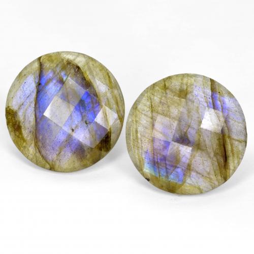 19.9mm Matching Round Labradorite Pair - Weight 25.4ct total / avg. 12.7ct each, Natural untreated Gemstone, Multicolor Color in Translucent Clarity, Mohs Hardness 6 - 6.5, Photo A