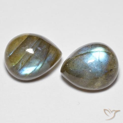 11.2 x 9.1mm Matching Pear Labradorite Pair - Weight 7.71ct total / avg. 3.86ct each, Multicolor Color in Translucent Clarity, Natural untreated Gemstone, Mohs Hardness 6 - 6.5, Photo A