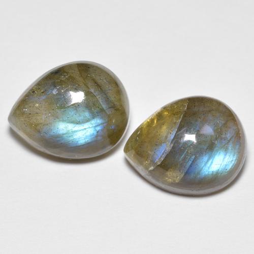 11,2 x 9,1mm Paar birnenschliff Labradorit - Gewicht 7,93 ct gesamt / durchschn. 3,97 ct, Mehrfarbig Farbe in Translucent Reinheit, natürlicher Edelstein, Mohs-Härte 6 - 6,5, Photo A