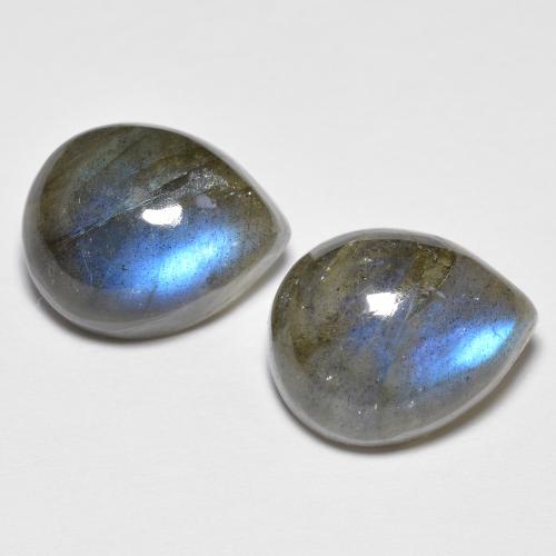 2pc Matching Pear Labradorites in Size 11.2 x 9mm, Weight 8.2ct total / avg. 4.1ct each, Multicolor in Translucent Clarity, Natural untreated gemstone, Mohs Hardness 6 - 6.5, Photo A