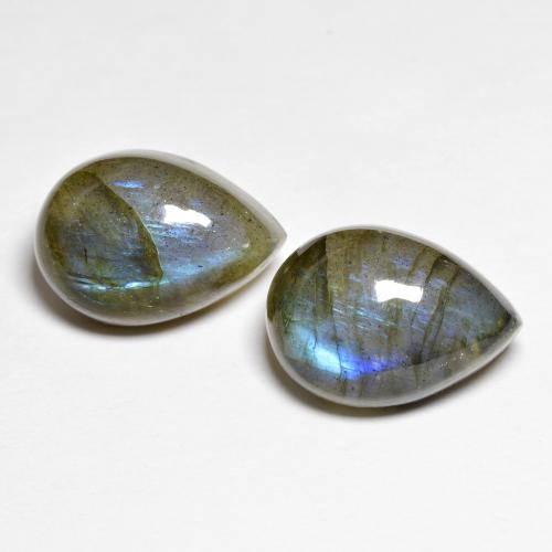 2 Stück birnenschliff mehrfarbiger Labradorit in der Größe 14,1 x 10,1mm, Gewicht 13,87 gesamt / durchschn. Je 6,94 ct, Mehrfarbig in Translucent Reinheit, Natürlicher Edelstein, Mohs-Härte 6 - 6,5 , Photo A