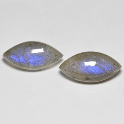 Matching Pair of 15.9 x 8mm Marquise Cabochon Multicolor Labradorite, Weight of 9.57ct total / avg. 4.79ct each, Matching Labradorite Pair in Translucent Clarity in Multicolor Color, Natural untreated gemstone, Mohs Hardness 6 - 6.5, Photo A