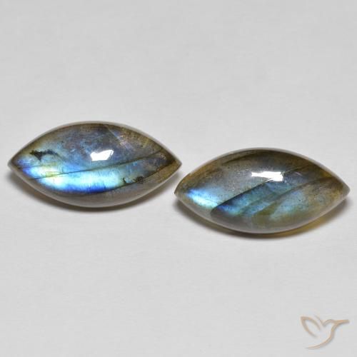 2pc Matching Marquise Multicolor Labradorites in Size 15.8 x 7.9mm, Weight 10.35ct total / avg. 5.18ct each, Multicolor in Translucent Clarity, Natural untreated Gemstone, Mohs Hardness 6 - 6.5, Photo A