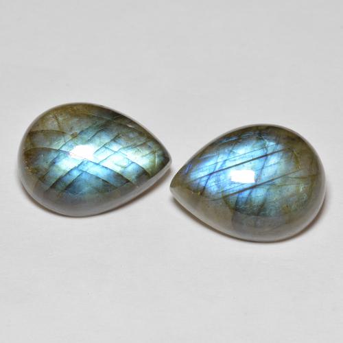 16 x 11,9mm Birne Labradorit-Paar - Gewicht 20,36 ct gesamt / durchschnittl. 10,18 ct, Garantiert natürliche Edelsteine, Mehrfarbig Farbe in Translucent Reinheit, Mohs-Härte 6 - 6,5, Photo A