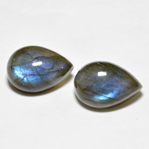 2 Labradorites Poire assorties de 14,1 x 10,1mm, poids total de 13,94 ct / moyenne de 6,97 ct chacune, Multicolore à pureté Translucide, pierre gemme naturelle Non traité, dureté Mohs de 6 à 6.5, Photo A