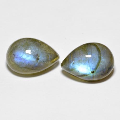 13.9 x 9.8mm Matching Pear Labradorite Pair - Weight 12.69ct total / avg. 6.35ct each, Natural untreated Gemstone, Multicolor Color in Translucent Clarity, Mohs Hardness 6 - 6.5, Photo A