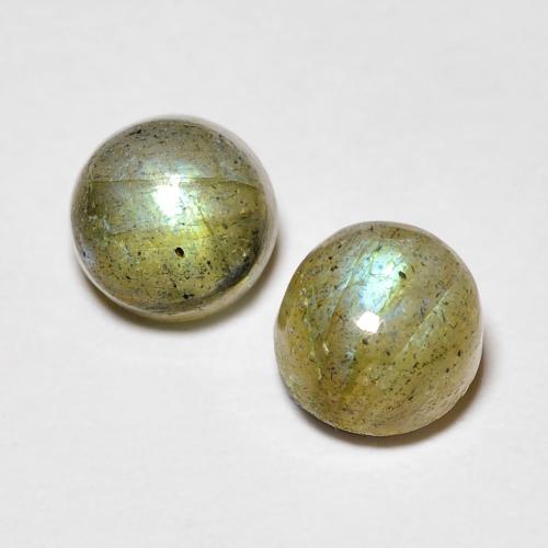 2pc Matching Round Multicolor Labradorites in Size 5.1mm, Weight 1.38ct total / avg. 0.69ct each, Multicolor in Translucent Clarity, Natural untreated Gemstone, Mohs Hardness 6 - 6.5, Photo A
