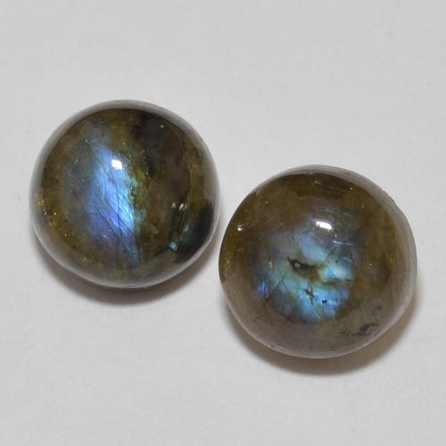 2pc Matching Round Multicolor Labradorites in Size 7.1mm, Weight 3.22ct total / avg. 1.61ct each, Multicolor in Translucent Clarity, Natural untreated Gemstone, Mohs Hardness 6 - 6.5, Photo A
