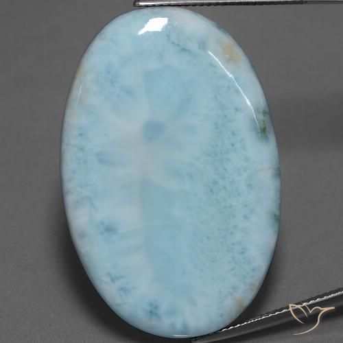 Larimar Vert bleu clair Ovale 53,89 ct de République Dominicaine, Dimension 38 x 25,2mm, Pierre gemme naturelle Non traité, pureté Opaque , 1 pièce Larimar oval cabochon, dureté de Mohs de 4.5 à 5, Photo A