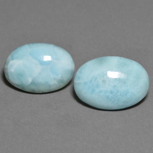 2pc Matching Oval Blue Larimars in Size 14.6 x 10.5mm, Weight 9.39ct total / avg. 4.7ct each, Light Blue in Opaque Clarity, Natural untreated Gemstone, Mohs Hardness 4.5 - 5, Photo A
