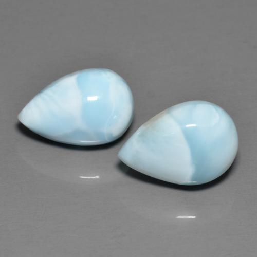 Matching Pair of 11.9 x 8.1mm Pear Cabochon Blue Larimar, Weight of 5.42ct total / avg. 2.71ct each, Matching Larimar Pair in Opaque Clarity in Baby Blue Color, Natural untreated gemstone, Mohs Hardness 4.5 - 5, Photo A