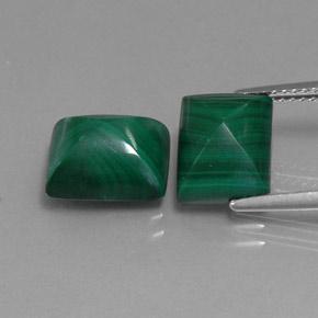 サイズ10,2 x 8,2 mm、重量合計10,17カラット/平均の。各5,09カラット、2個のマッチングバゲットグリーンマラカイト, オペーククラリティミディアムグリーン、天然のジェムストーン、モース硬度3,5 - 4, Photo A