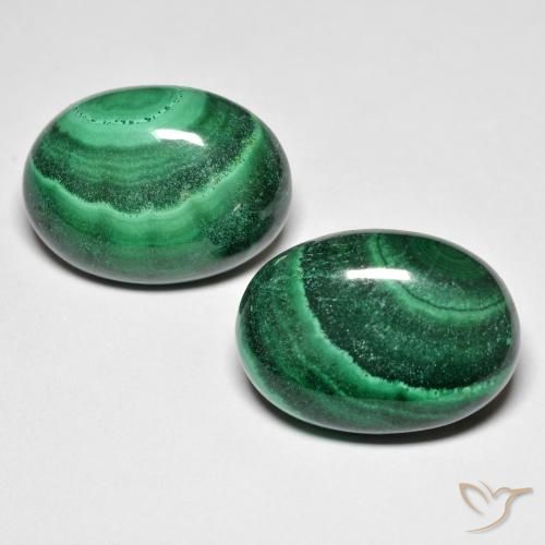 18 x 13.1mm Matching Oval Malachite Pair - Weight 28.5ct total / avg. 14.25ct each, Dark Green Color in Opaque Clarity, Natural untreated Gemstone, Mohs Hardness 3.5 - 4, Photo A