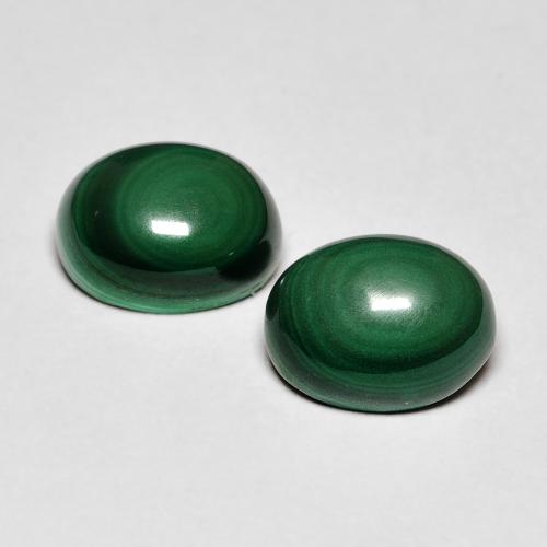 2pc Matching Oval Malachites in Size 8.5 x 6.2mm, Weight 5.3ct total / avg. 2.65ct each, Medium Green in Opaque Clarity, Natural untreated gemstone, Mohs Hardness 3.5 - 4, Photo A