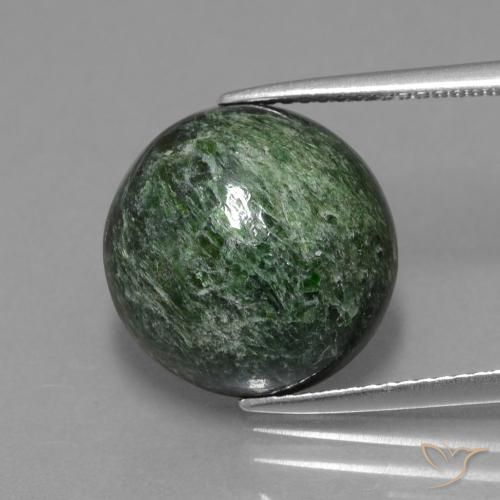 13.9mm Round Green Maw-sit-sit from Myanmar, Weight of 10.46ct, Natural untreated Gemstone in Opaque Clarity, 1pc Round Cabochon Maw-sit-sit - Color: Dark Green, Mohs Hardness of 6 - 7, Photo A