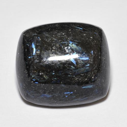 17.72ct Cushion Cabochon Black Nuummite from India, Dimension 16.9 x 15.1mm, Opaque Clarity, Natural untreated gemstone, 1pc Nuummite in Black With Blue Sparkle Color, Mohs Hardness of 5.5 - 6, Photo A