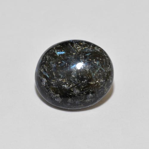 Nuummite Ovale cabochon da 5,3 ct dall'India, dimensione 12,7 x 11,3mm, purezza Opaque, pietra preziosa naturale non trattati, Nuummite 1pc in colore Nero con scintillio blu, durezza Mohs di 5,5 - 6, Photo A