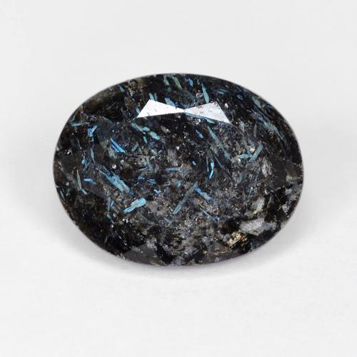 8.47ct Oval Facet Black Nuummite from India, Dimension 15.3 x 11.8mm, Natural untreated Gemstone, Opaque Clarity, 1 piece Nuummite in Black With Blue Sparkle Color, Mohs Hardness of 5.5 - 6, Photo A