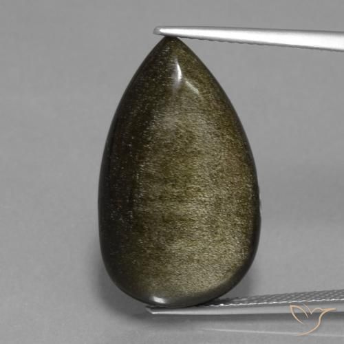 Obsidiana Negro Pera de 24,3 x 14,3mm de México, peso de 15.2 ct, piedra preciosa natural No tratado en Opaco Clarity, Obsidiana Cabujón Pera de 1 pieza - Color: Negro con brillo dorado, dureza Mohs de 5 - 5.5, Photo A