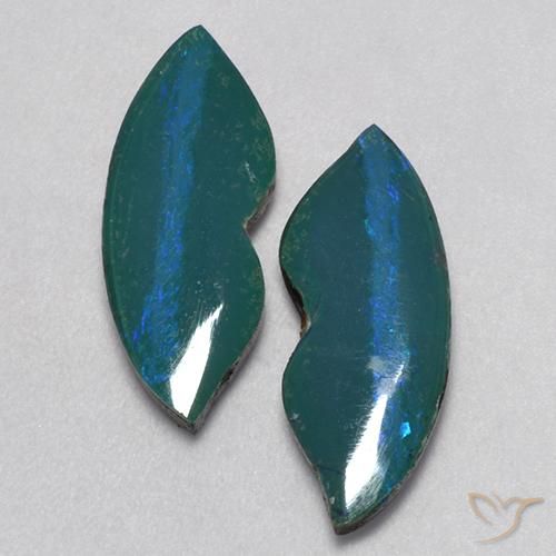 Passendes Paar 18,4x7,3 mm Freiform-Cabochon Schliff fancy-schliff Opal-Dublette, Gewicht von insgesamt 5,57 ct/Durchschn. je 2,79 ct, passendes Opal-Dublette-Paar in Opaque Reinheit in Mehrfarbig Blaugrün Farbe, Garantiert natürliche Edelsteine, Mohs-Härte 5,5 - 6,5, Photo A