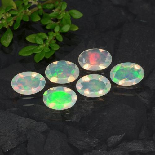 Lotto di 6 pezzi Opale multicolore taglio ovale Opale - Peso 1,4 ct totali / media. 0,23 ct ciascuno, misura 6,1 x 4,1mm, colore: Multicolore, durezza Mohs 5,5 - 6,5, Pietra zodiacale Bilancia, Photo A