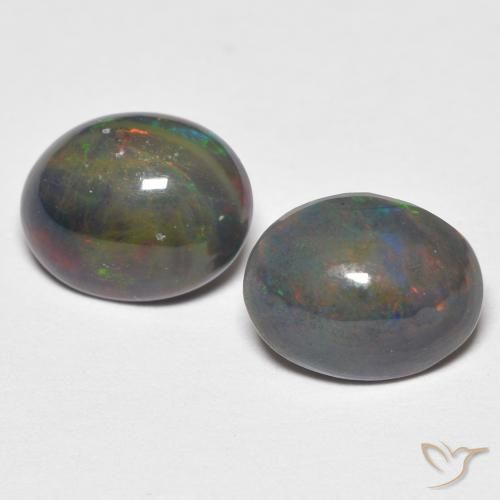 Passendes Paar 9 x 7,1mm Oval-Cabochon Schliff ovaler Opal, Gewicht von insgesamt 2,19 ct/Durchschn. je 1,1 ct, passendes Opal-Paar in Opaque Reinheit in Mehrfarbig Farbe, Garantiert natürliche Edelsteine, Mohs-Härte 5,5 - 6,5, Jahr des Schlangen-Edelsteins, Photo A