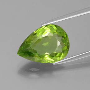 5.28 ct Green Peridot Gemstone, Peridot Gem in Pear Facet Shape for Sale.