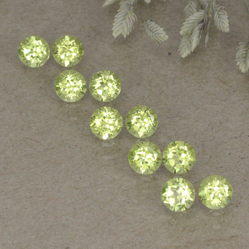 10pc Round Light Green Peridot Lot from China - Weight 1.33ct total / avg. 0.13ct each, Size 3mm, Color: Light Green, Mohs Hardness 6.5 - 7 suitable for daily wear jewelry, Photo A