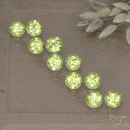 10pc Round Green Peridot Lot from China - Weight 1.33ct total / avg. 0.13ct each, Size 3mm, Color: Lively Yellowish Green, Mohs Hardness 6.5 - 7 suitable for daily wear jewelry, Photo A